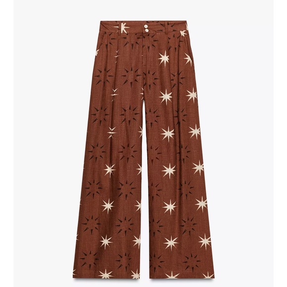 ZARA SUN PRINT BOHO LINEN BROWN WIDE LEG PANTS XS NWT - Picture 6 of 16